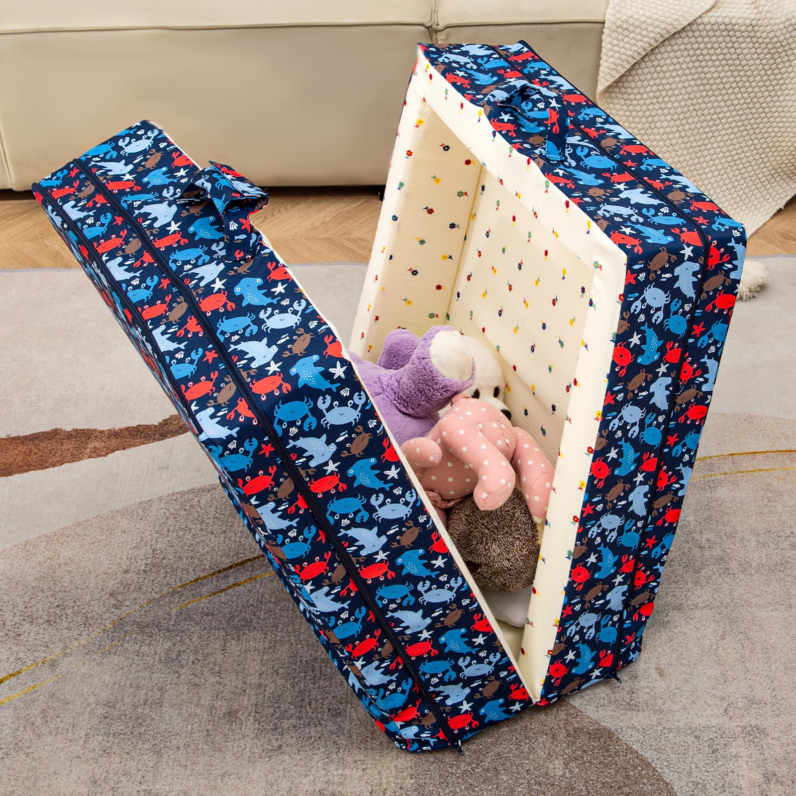 Umoving travel bed in its carry bag shows portable on-the-go convenience.