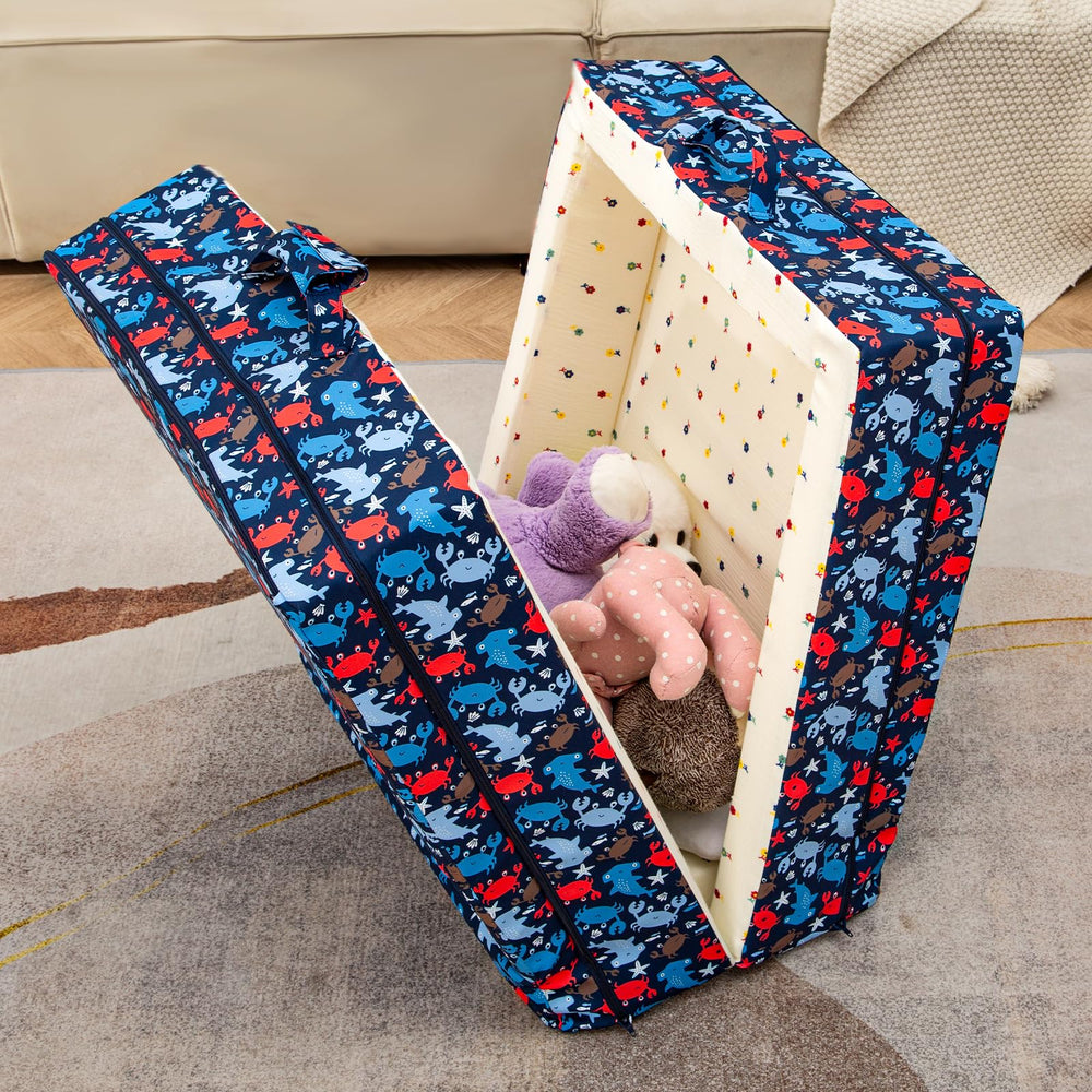 Umoving travel bed in its carry bag shows portable on-the-go convenience.