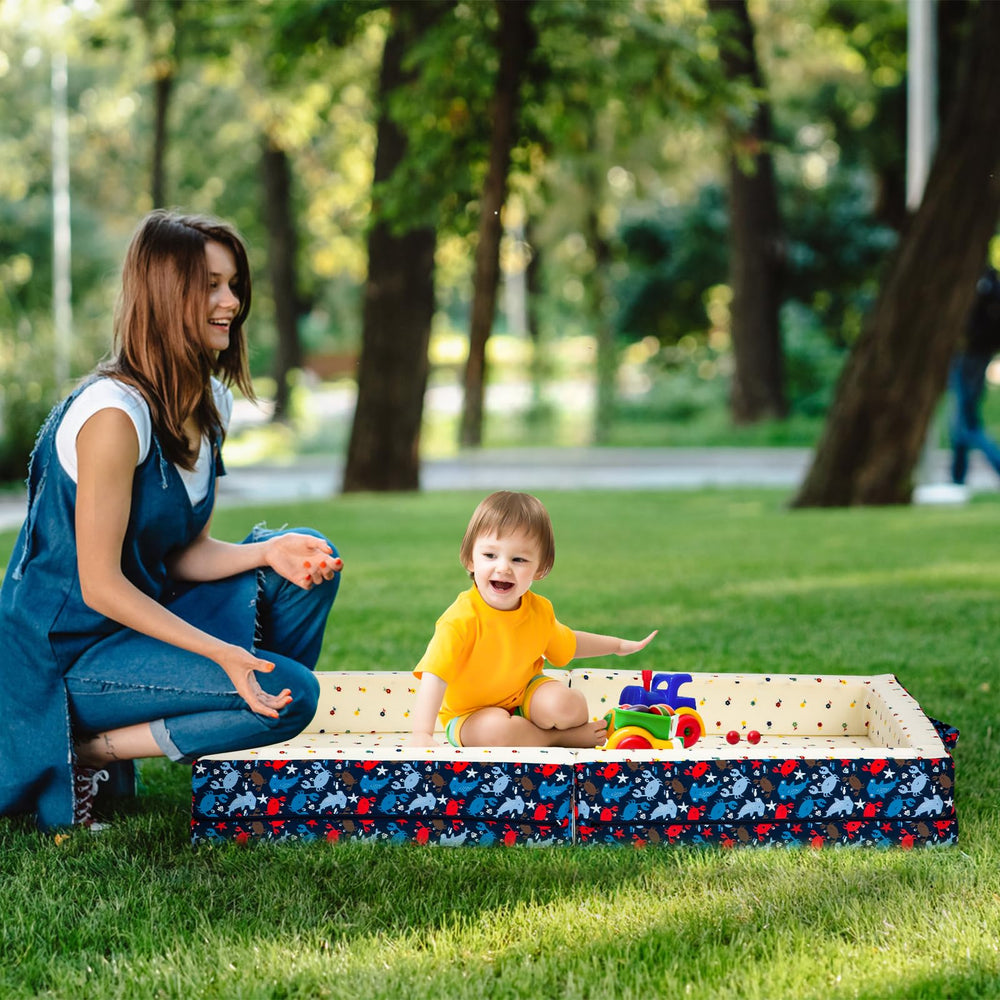 Umoving bed washable cover shown with plush toys for easy cleanup.
