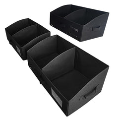 UNAMAX trapezoid storage bin closeup highlighting three-side handles for easy transport.
