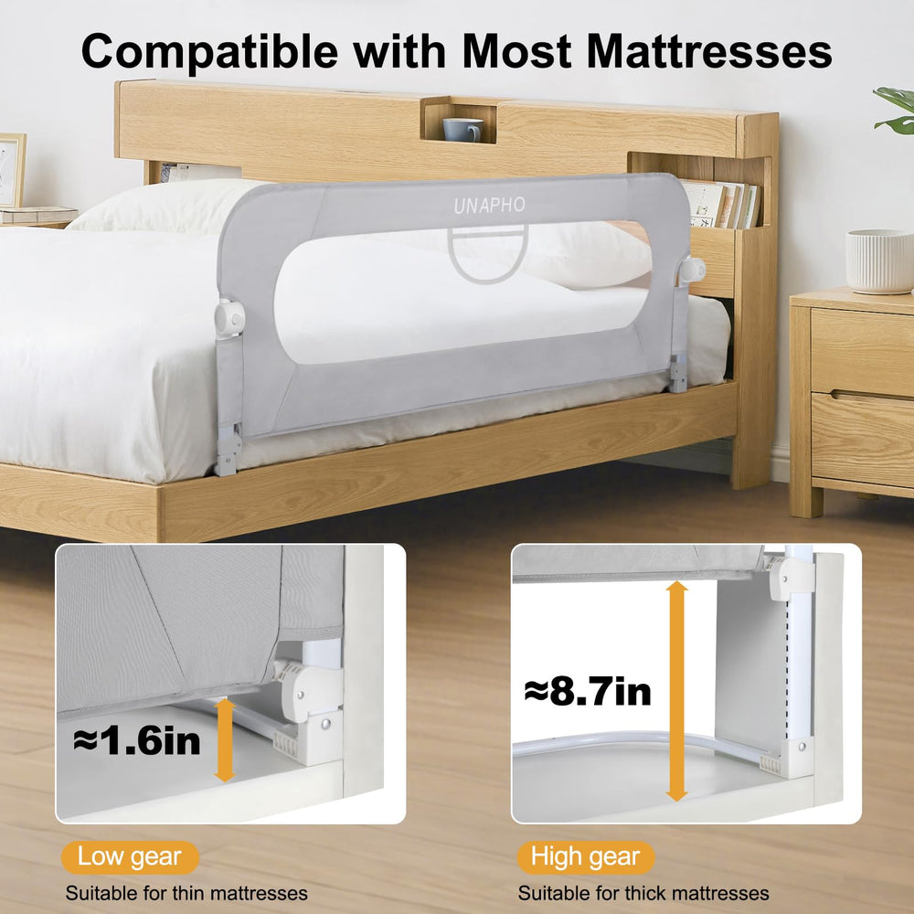 UNAPHO adjustable height rail demonstrates 1.6–8.7 inch range for varied mattresses
