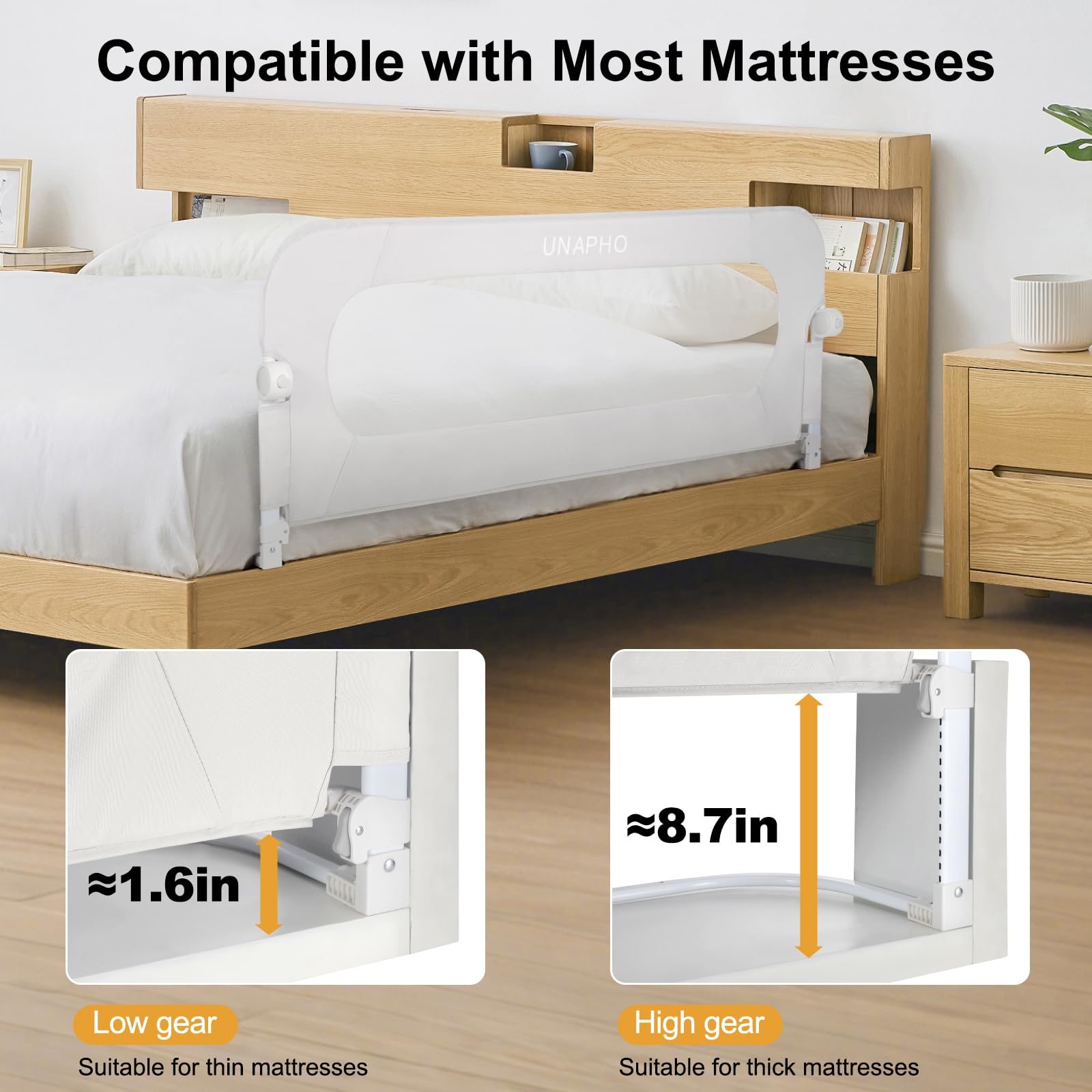UNAPHO bed rail adjustable height adapts to mattress thickness and bed sizes.