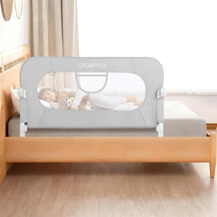 UNAPHO bed rail curved swing-down demonstrates easy entry for toddlers.