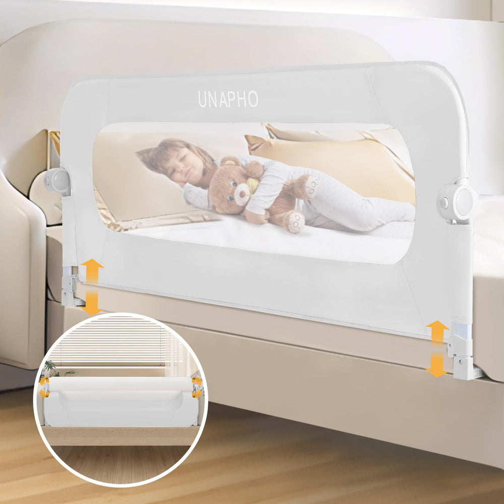 UNAPHO bed rail – toddler swing-down shows easy access and safe transitions.