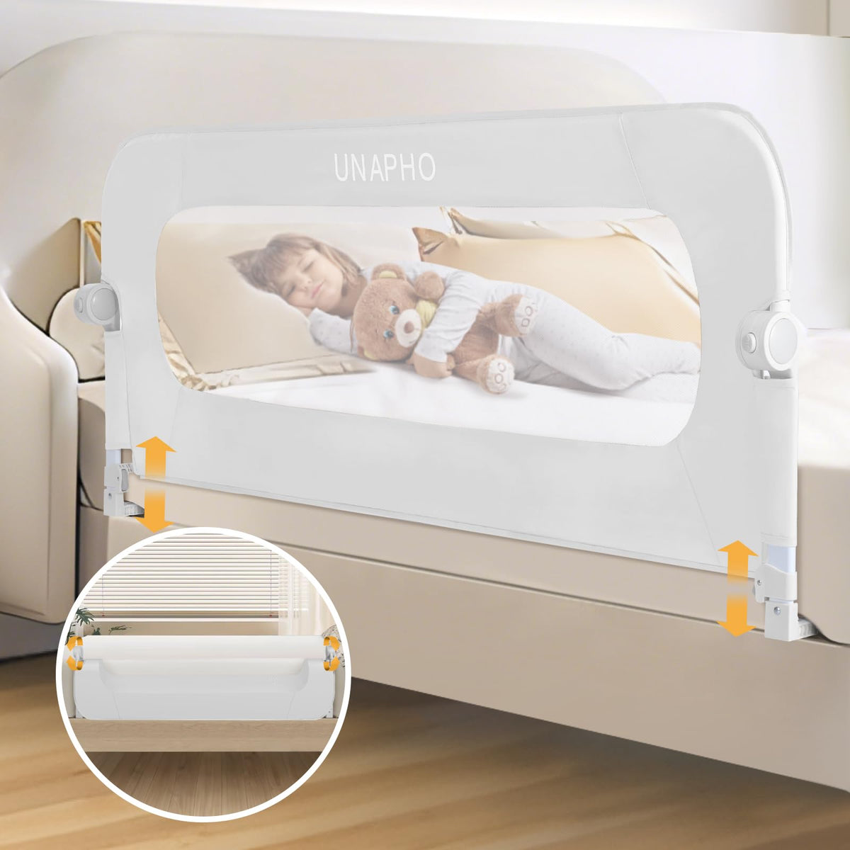 UNAPHO bed rail – toddler swing-down shows easy access and safe transitions.