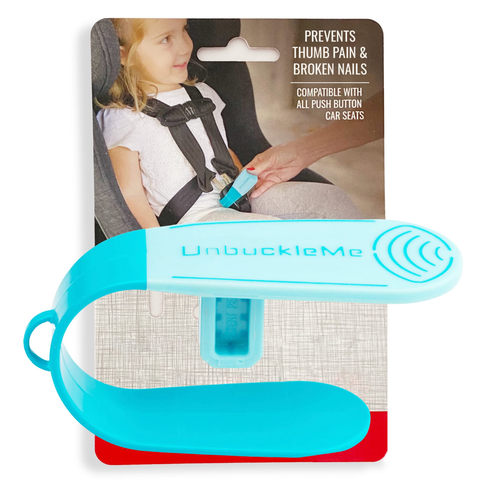 UnbuckleMe buckle-tool Aqua open demonstrates easy one-handed unbuckling.