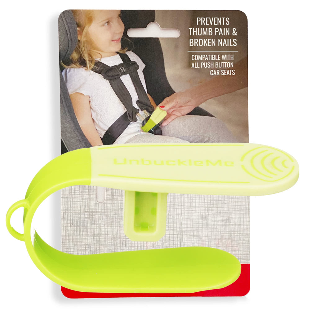 UnbuckleMe lime buckle tool front view shows compact ergonomic design for easy unbuckling.