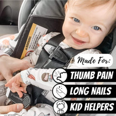 UnbuckleMe lime in-use on car seat eases 5-point harness unbuckling.