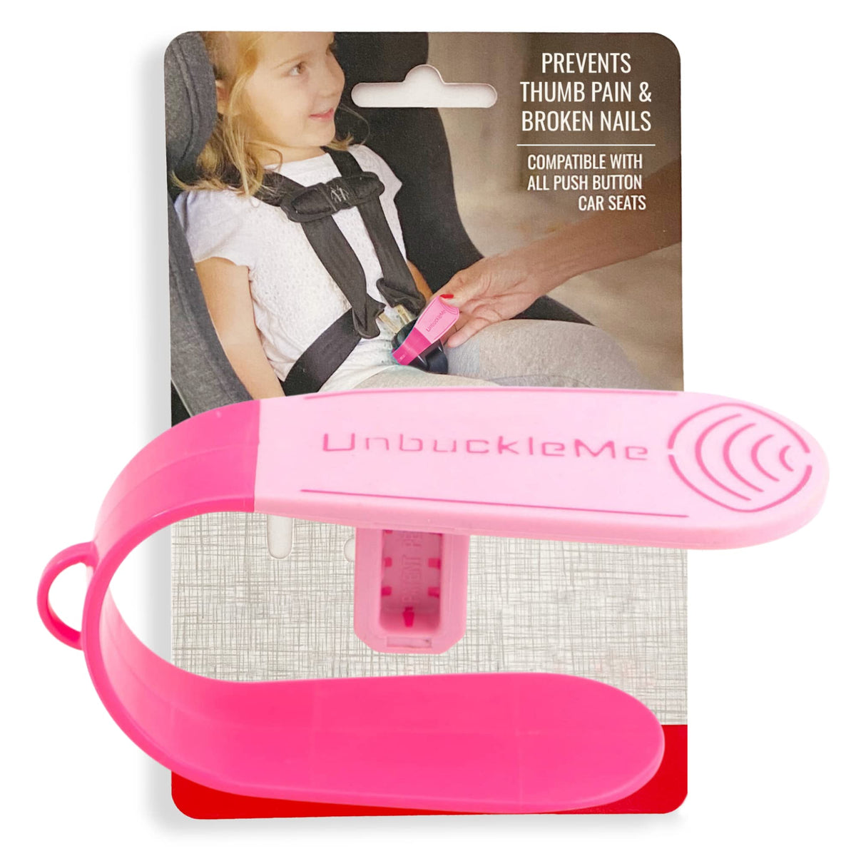 UnbuckleMe pink buckle release tool front view showing handle and lever for easier unbuckling