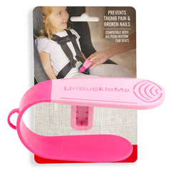 UnbuckleMe pink buckle release tool front view showing handle and lever for easier unbuckling