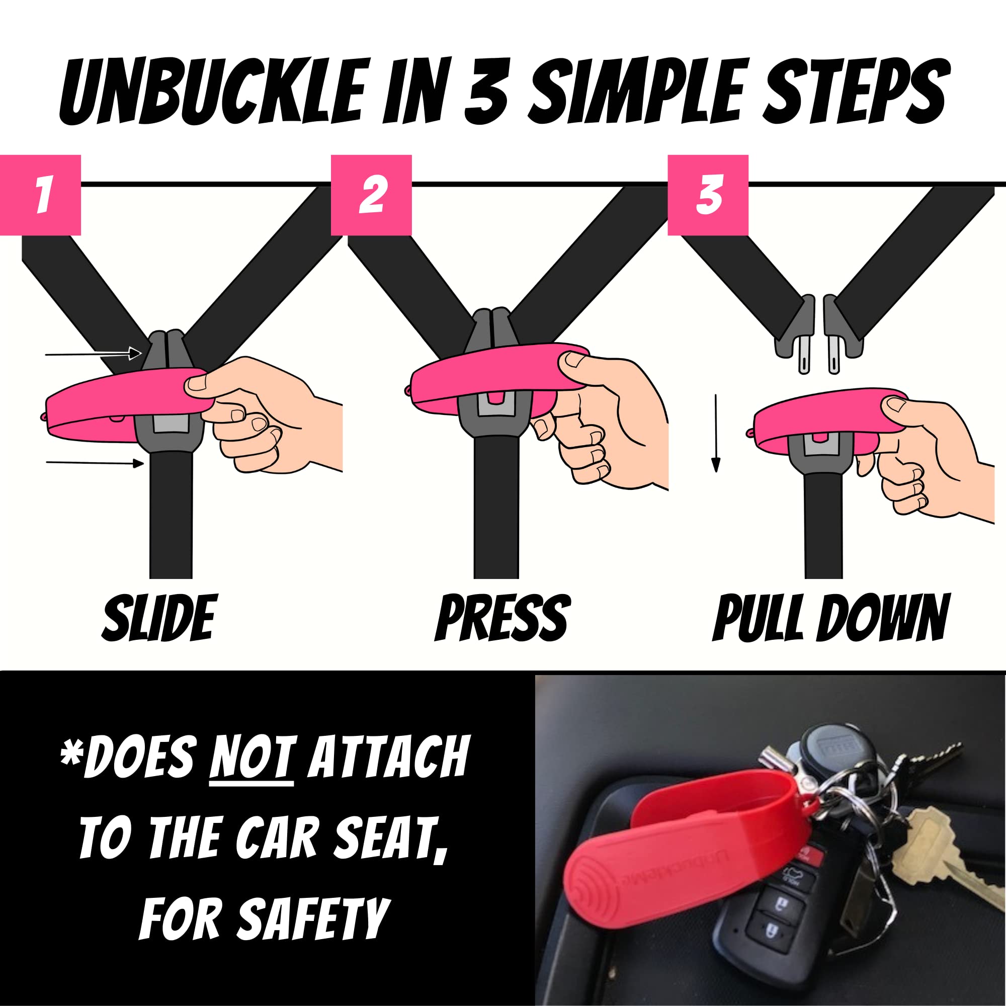 UnbuckleMe pink device alongside stroller buckle showing broad usability