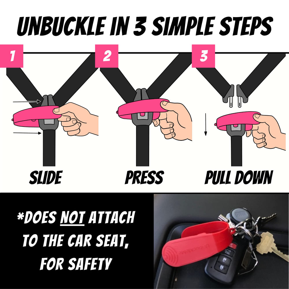 UnbuckleMe pink device alongside stroller buckle showing broad usability