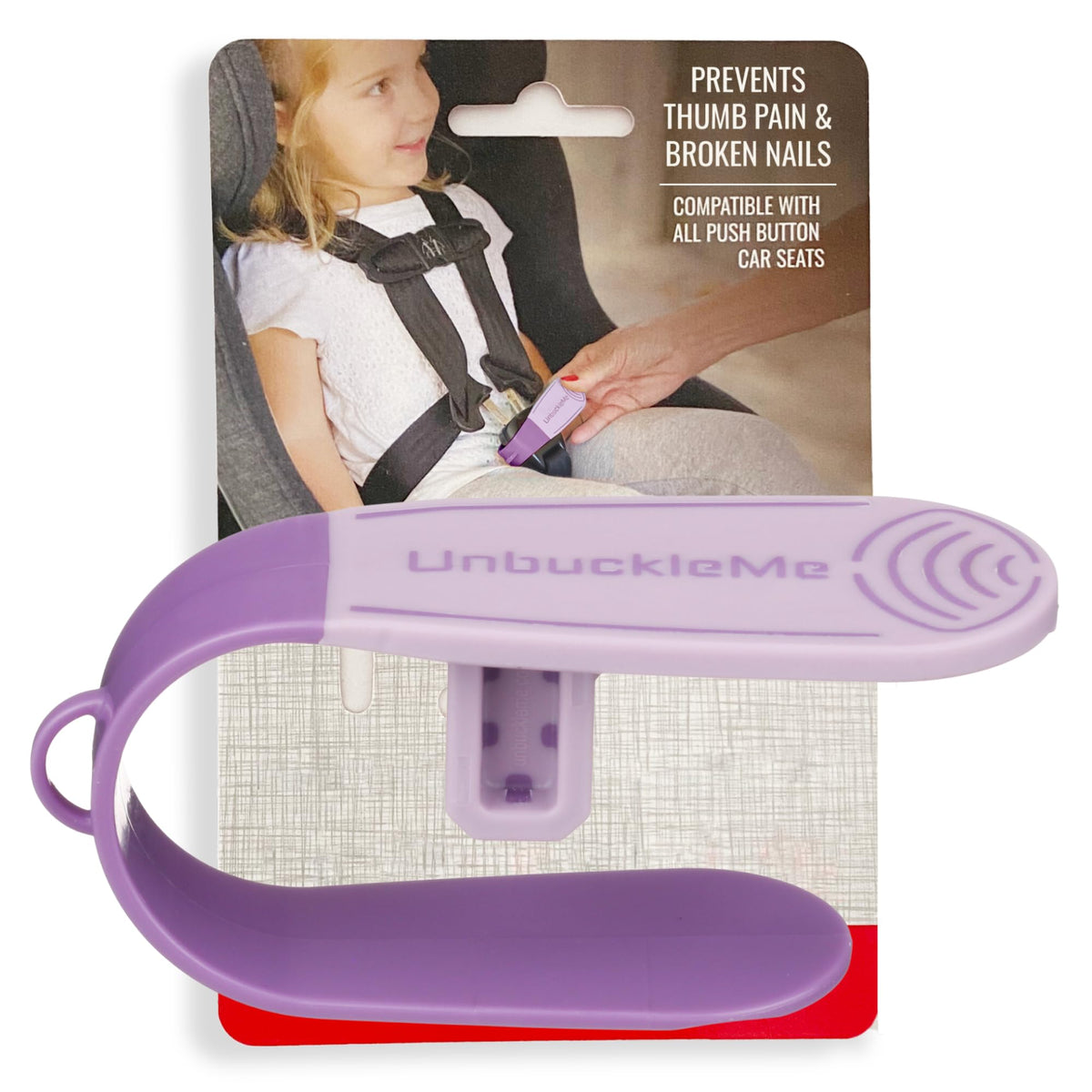 UnbuckleMe purple buckle-release-tool eases car-seat unbuckling for arthritis and nails