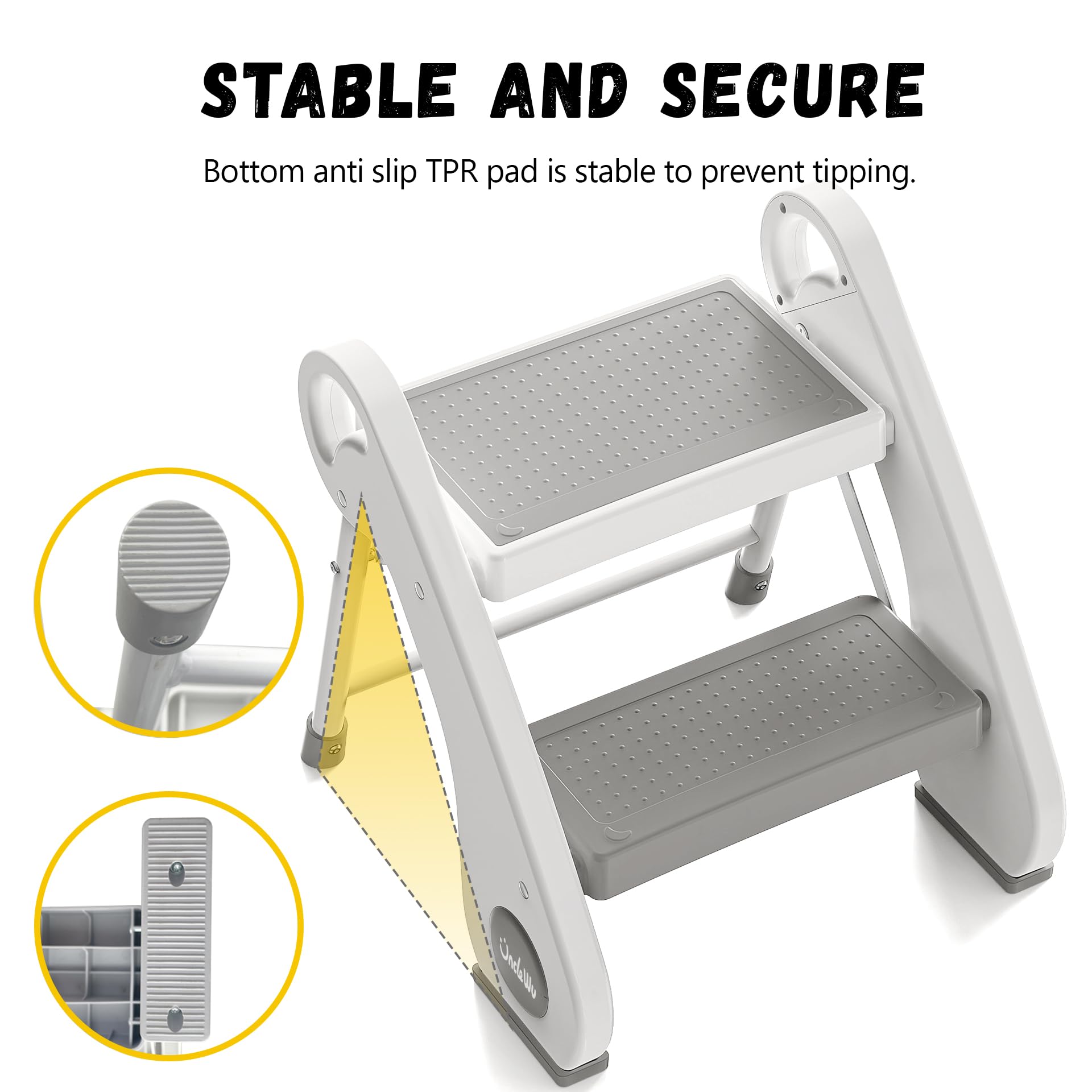 UNCLE WU foldable step stool folded compactly between toilet and vanity