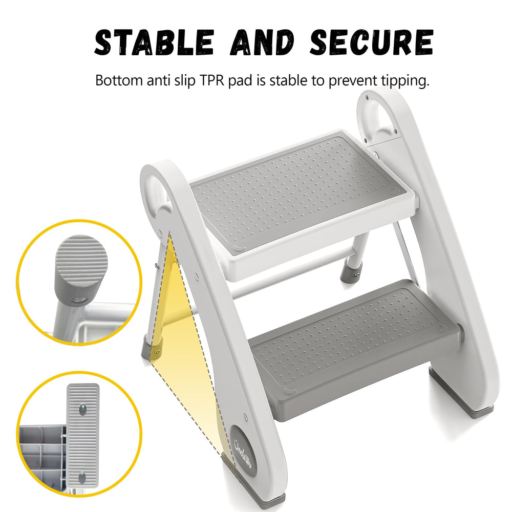UNCLE WU foldable step stool folded compactly between toilet and vanity