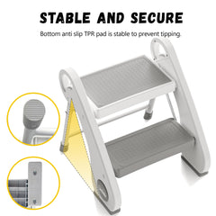 UNCLE WU foldable step stool folded compactly between toilet and vanity