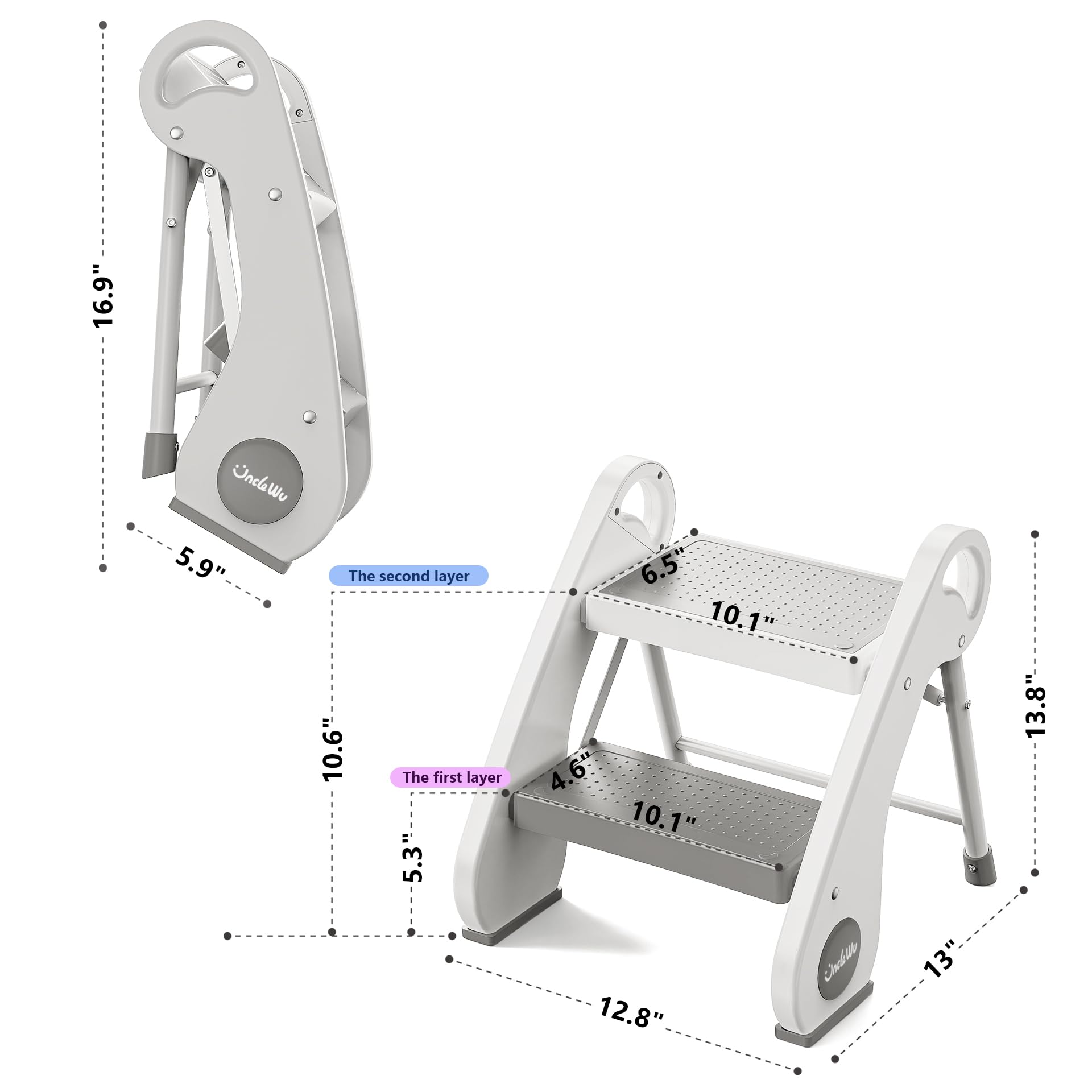 UNCLE WU foldable step stool open 2-step design, stable for daily routines