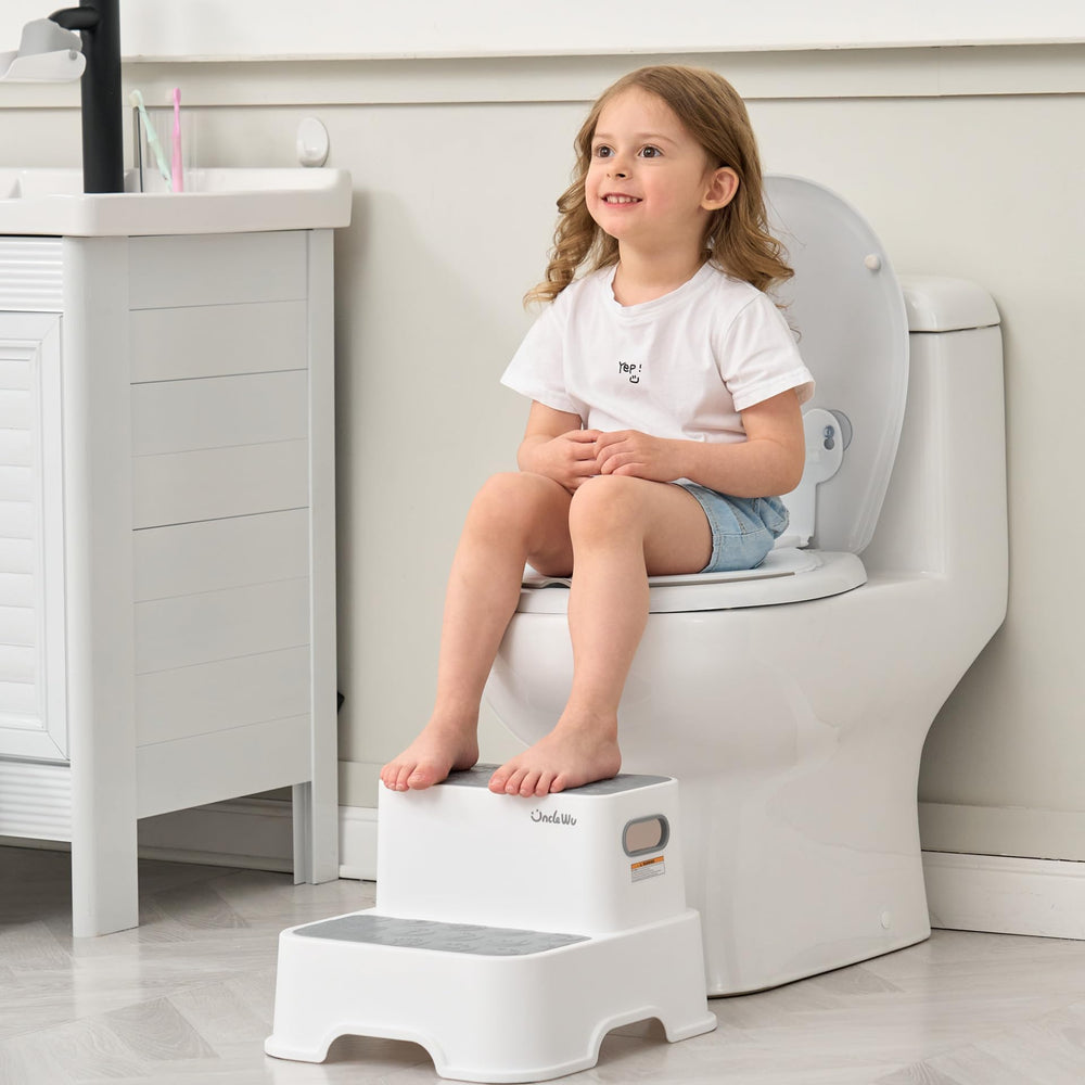 UNCLE WU toddler step stool grey ideal for potty training and handwashing.