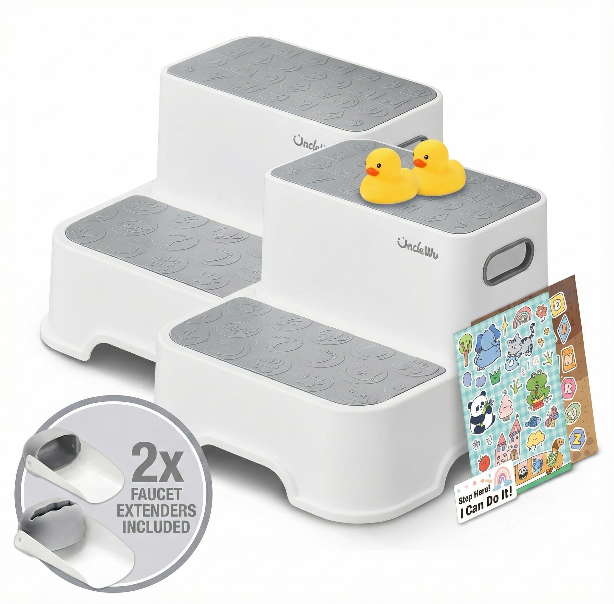 UNCLE WU toddler step stool grey front view shows non-slip treads for stability.