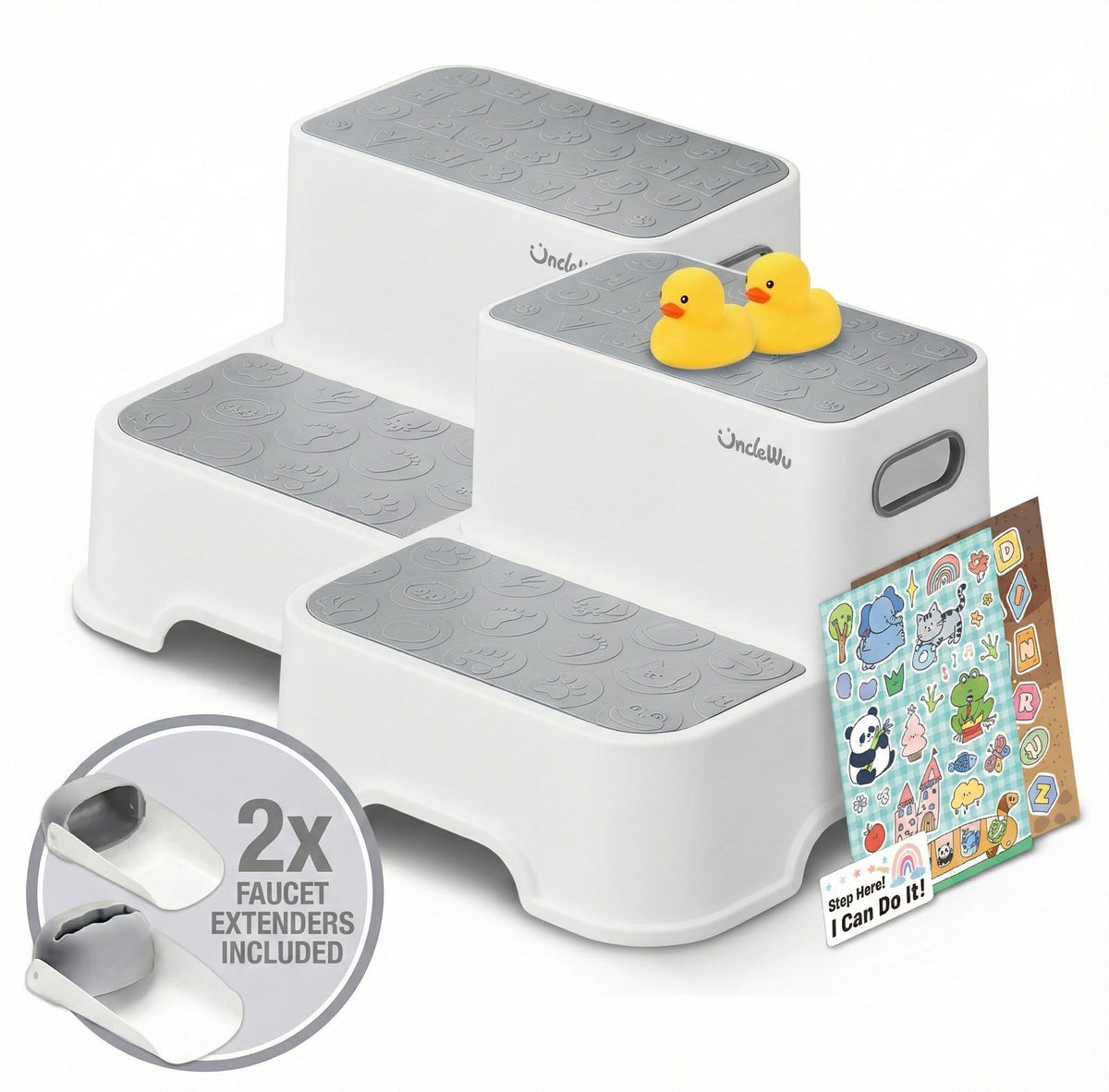 UNCLE WU toddler step stool grey front view shows non-slip treads for stability.