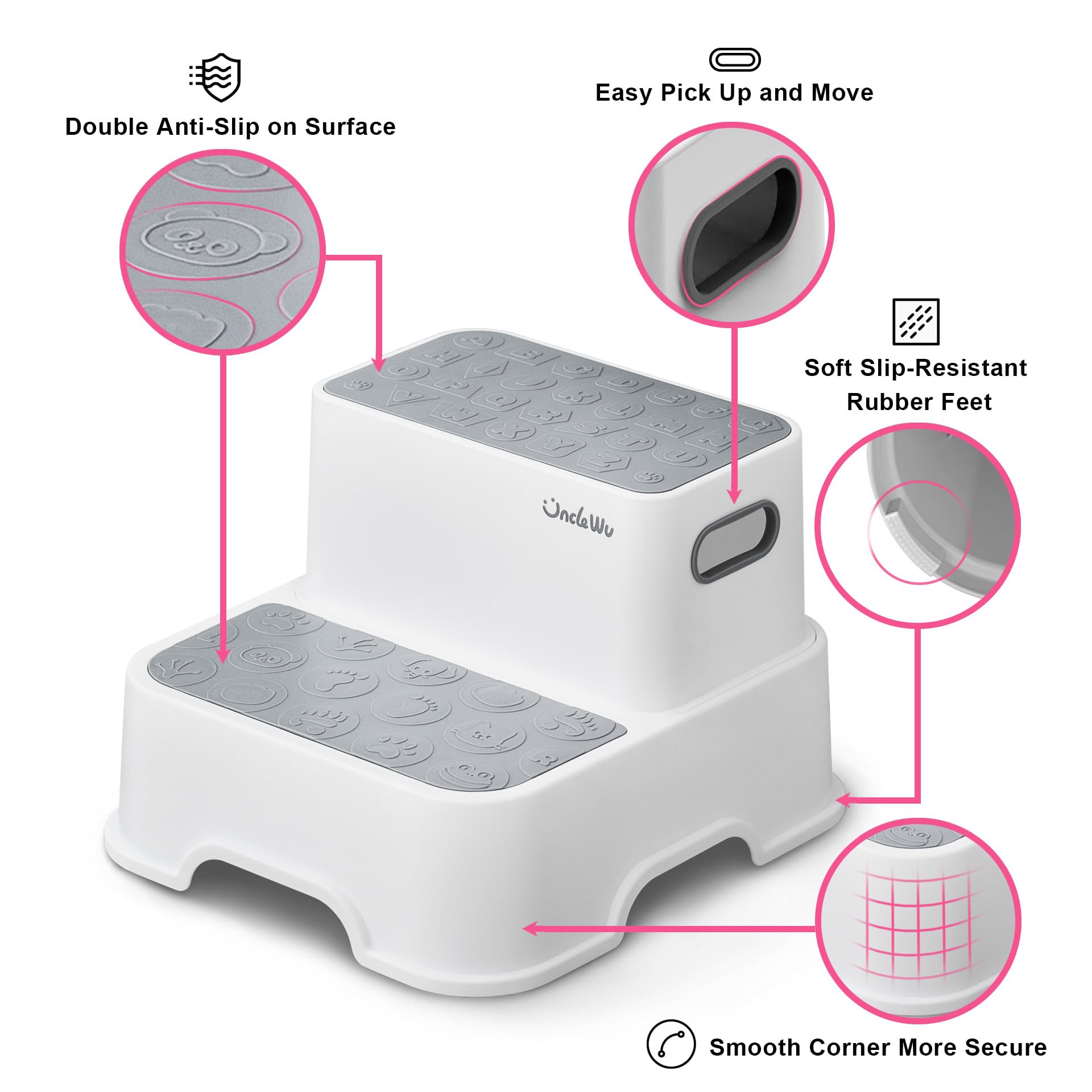 UNCLE WU toddler step stool grey non-slip pads protect floors and prevent slips.