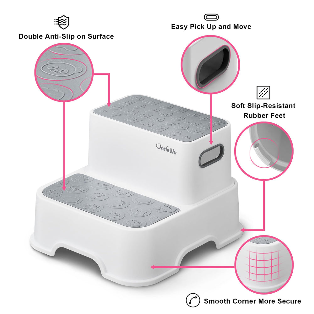 UNCLE WU toddler step stool grey non-slip pads protect floors and prevent slips.