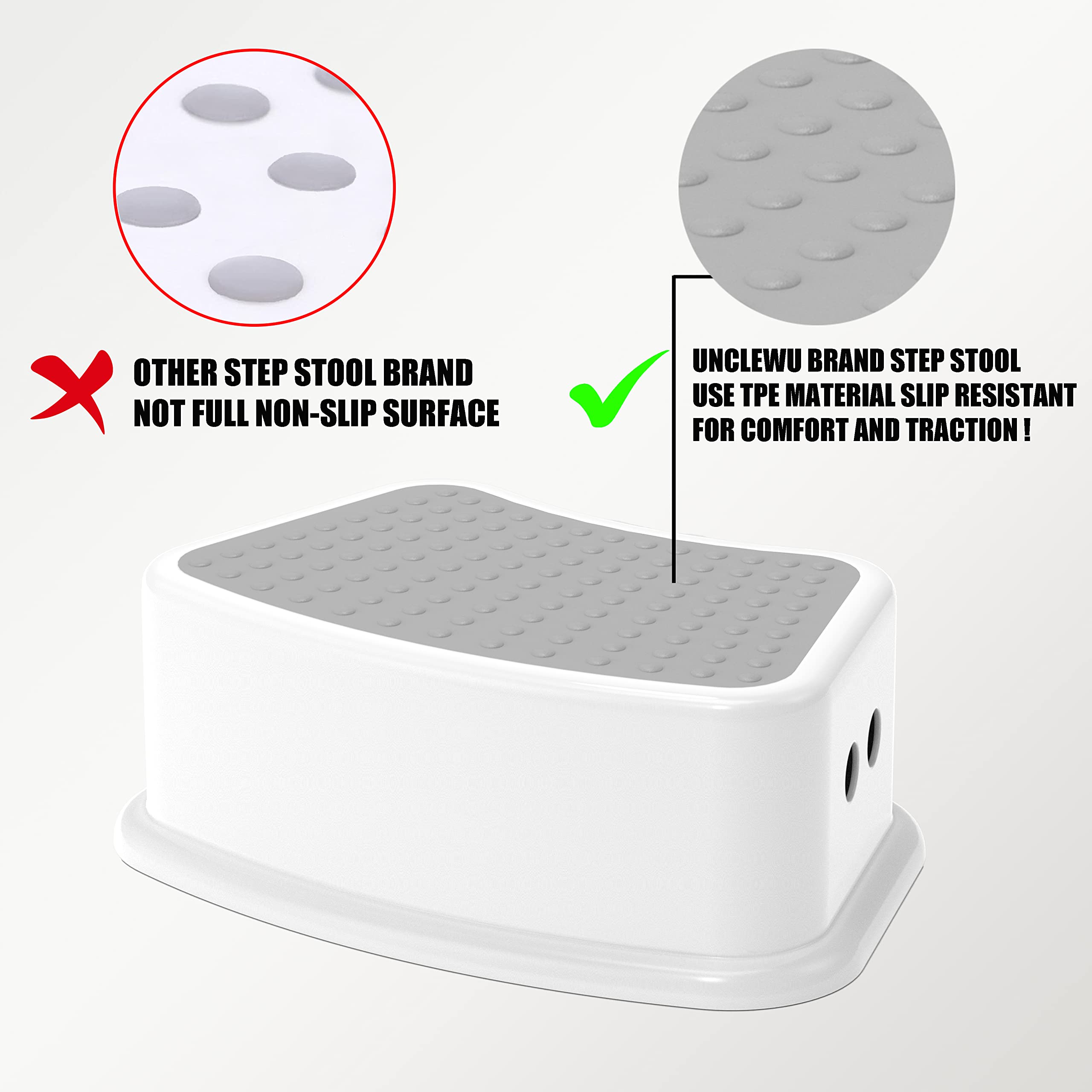 UNCLE WU kids step stool gray-white in bathroom-use for hand-washing and brushing