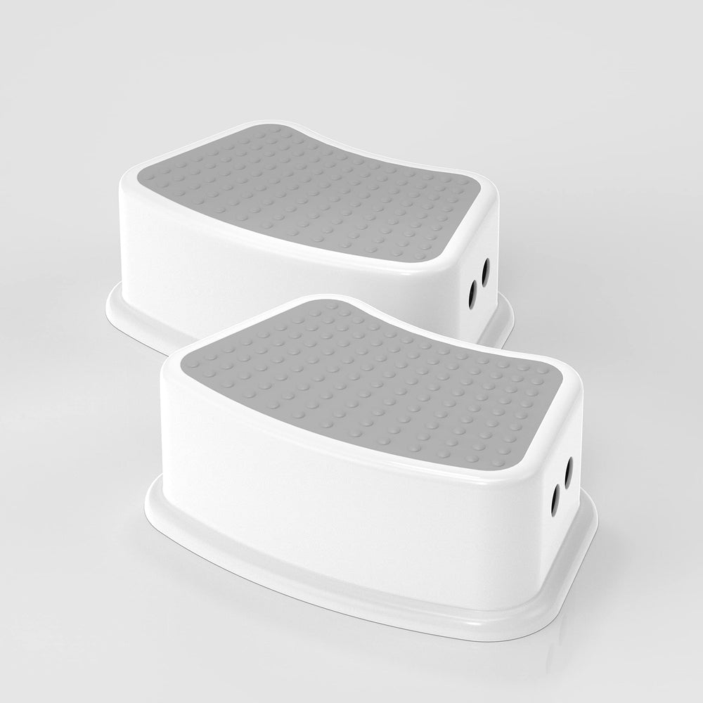 UNCLE WU kids step stool gray-white front view with slip-resistant top for safe toddler use