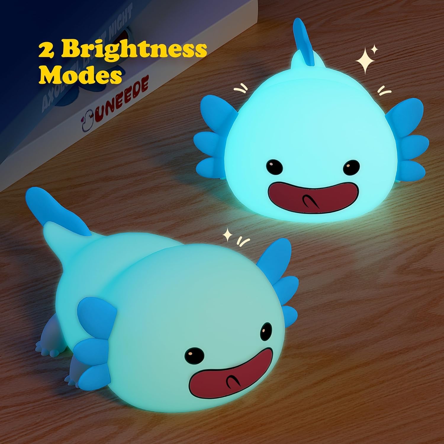 UNEEDE Axolotl night light dimmed glow for cozy nighttime routines.
