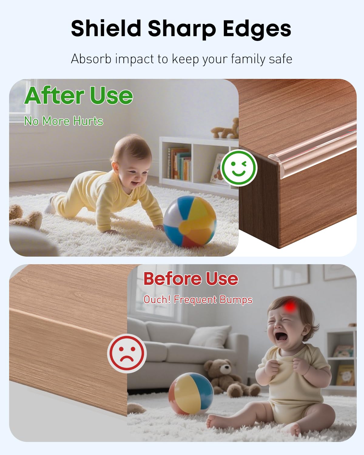 Uniclife Edge Protector Strip corner on table illustrates protective cushioning for children.