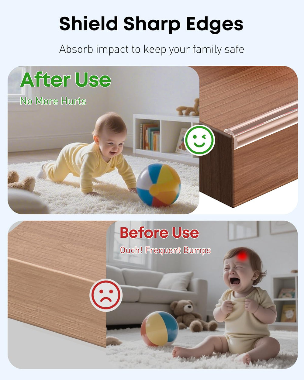 Uniclife Edge Protector Strip corner on table illustrates protective cushioning for children.