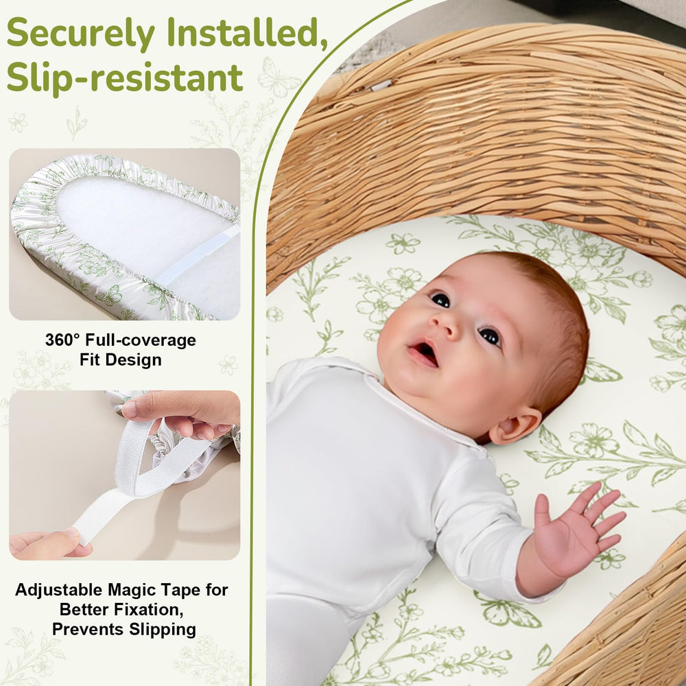 Unicorn Castle bassinet sheets on bassinet illustrate universal fit for oval and rectangle