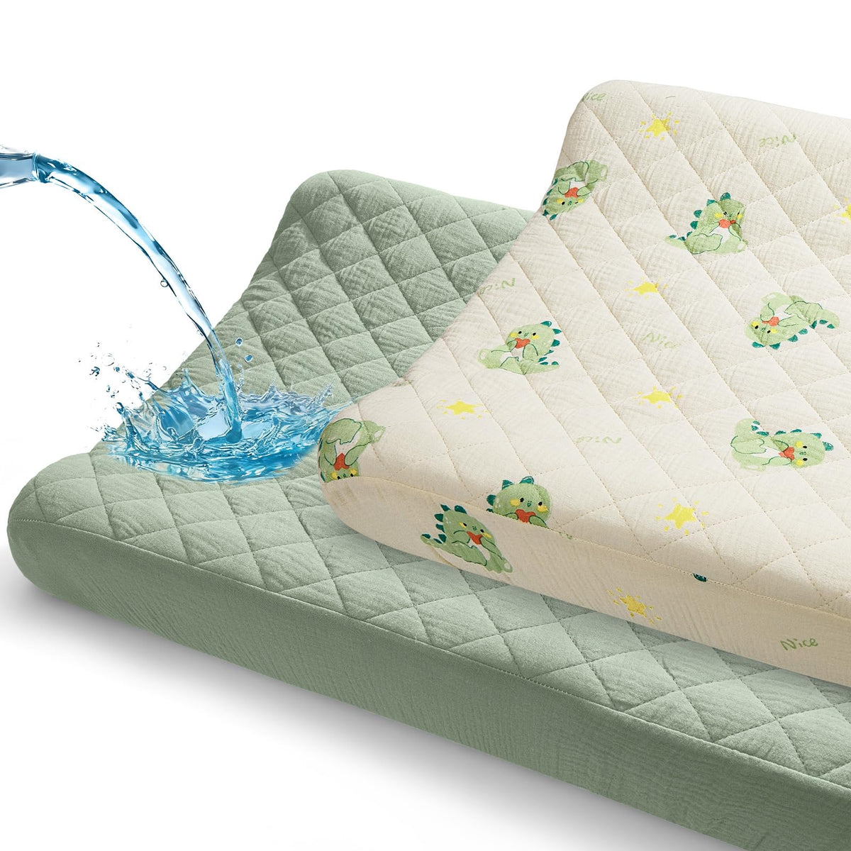 Unicorn Castle muslin changing pad cover with green dinosaur print for 32x16 diaper changes.