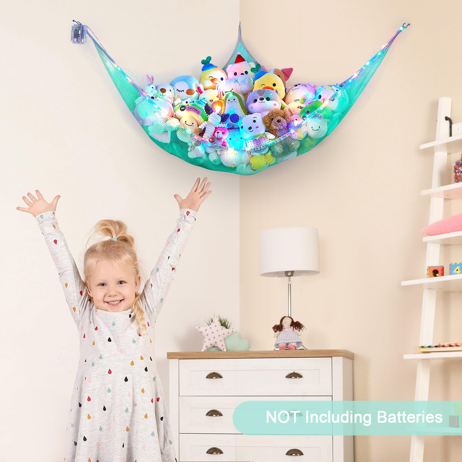 Unicorn Castle plush toy storage fits neatly in corner for tidy kids' room.