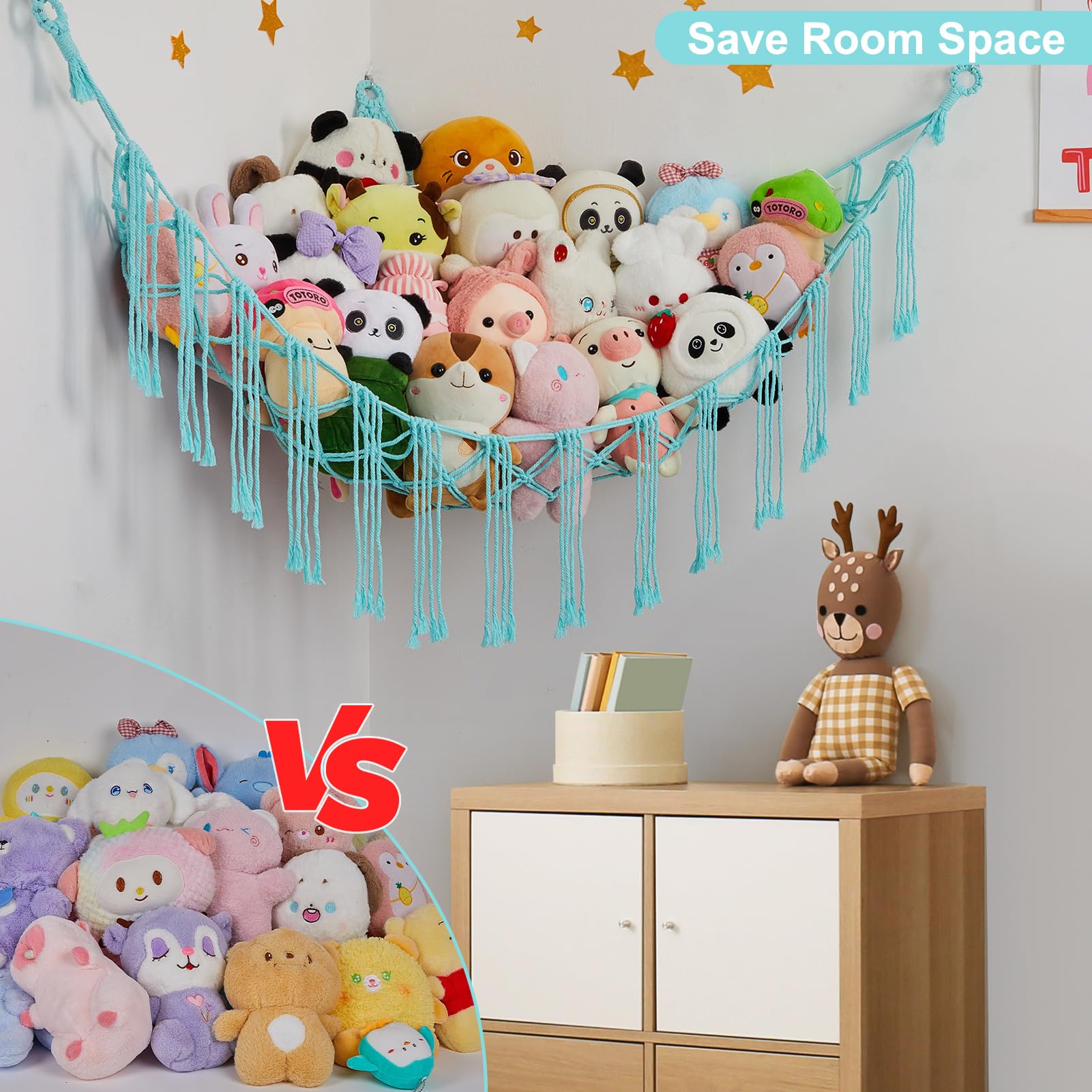 Unicorn Castle corner-space hammock saves floor area in nursery or playroom.
