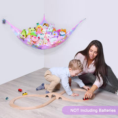 Unicorn Castle corner toy storage in a kid's room saving space.