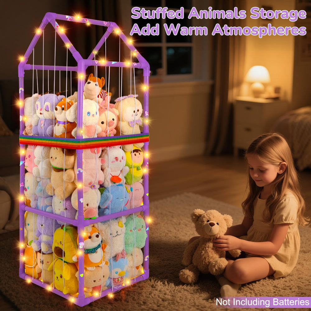Unicorn Castle house-shaped design with cozy lighting highlights playful toy organization in kids' room.