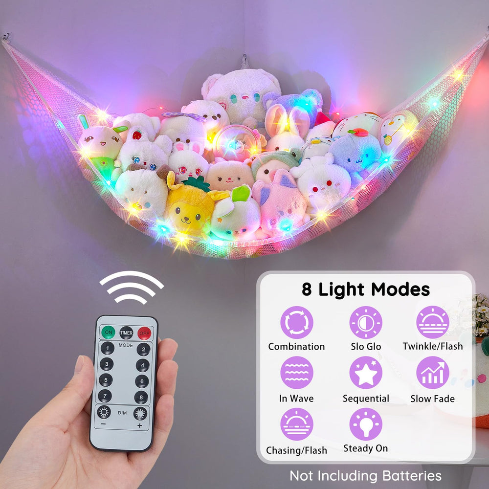 Unicorn Castle LED light strip highlights plush collection for nighttime nursery ambience.