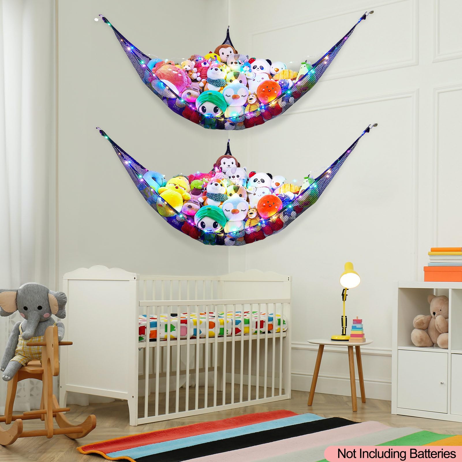 Unicorn Castle LED string light kit complements toy storage ambiance.