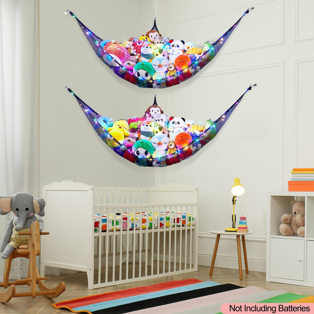 Unicorn Castle LED string light kit complements toy storage ambiance.