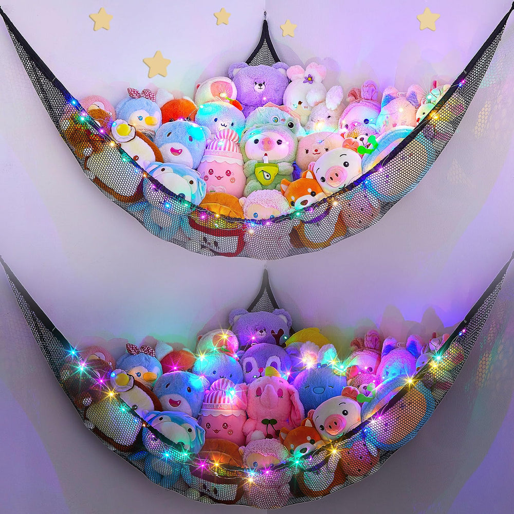 Unicorn Castle LED toy hammock glows in a kid's room, adding cozy storage.
