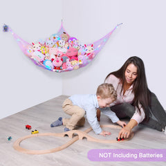 Unicorn Castle mesh toy hammock in rainbow net for nursery decor.