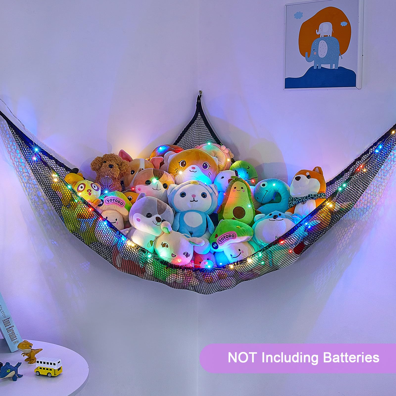 Unicorn Castle stuffed animals net hammock featuring LED light strip for ambient playroom mood.
