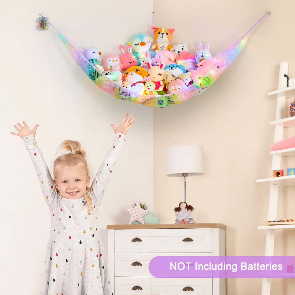 Unicorn Castle polyester mesh storage keeps plush toys tidy with durable design.