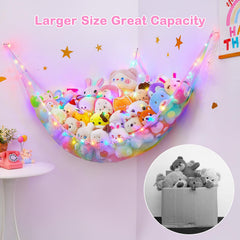 Unicorn Castle rainbow color mesh net adds playful decor while organizing toys
