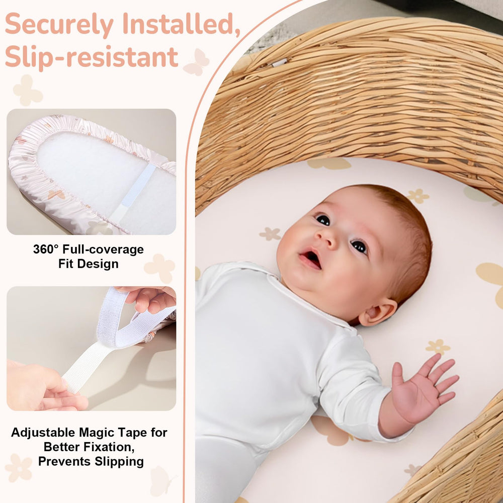 Unicorn Castle satin bassinet sheets with adjustable straps keep sheets tight all night.
