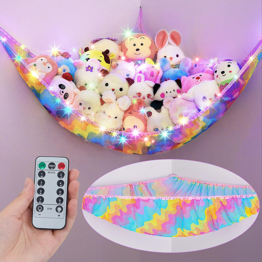 Unicorn Castle hammock setup shows corner storage for plush toys.