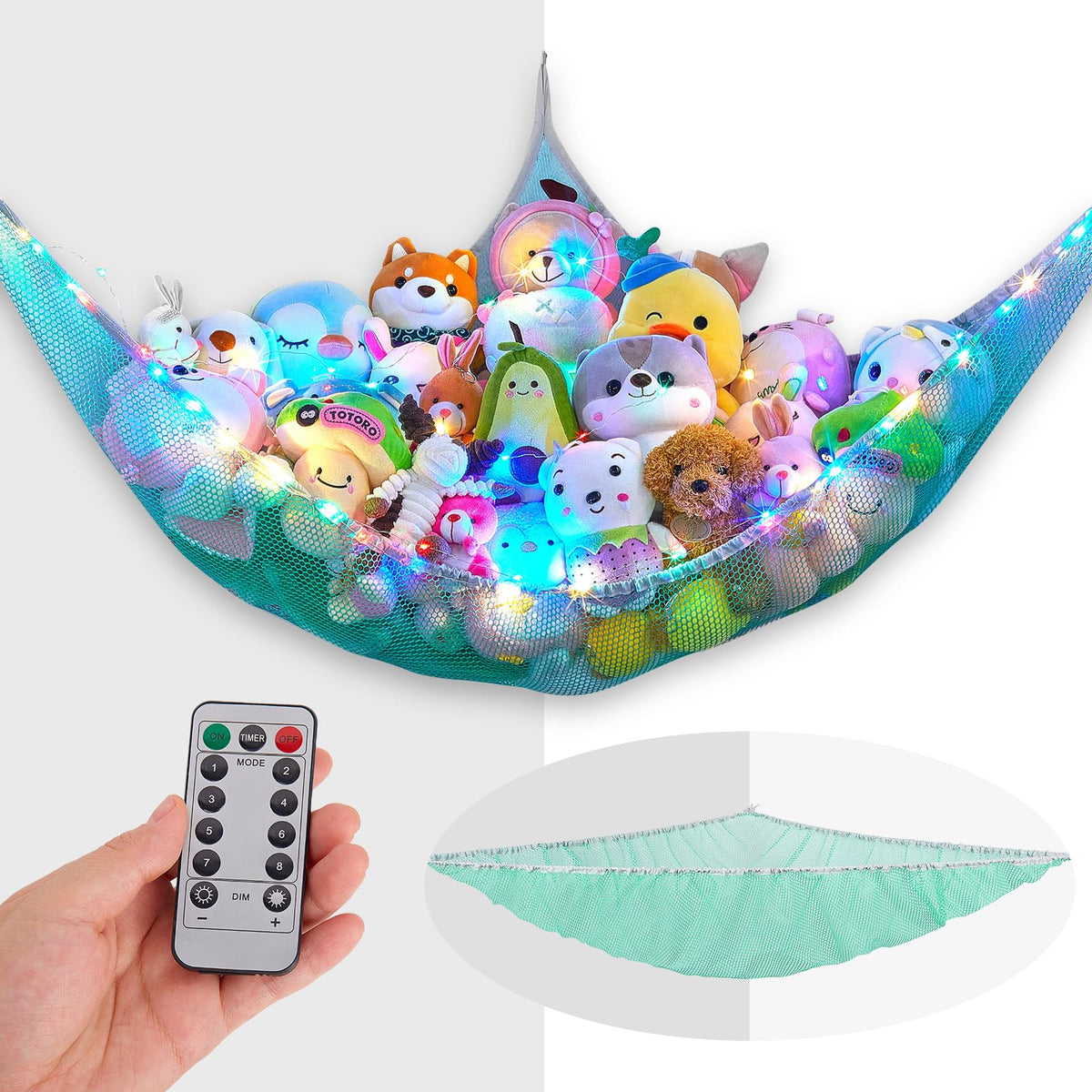 Unicorn Castle stuffed animal net hammock with LED light provides organized plush storage.