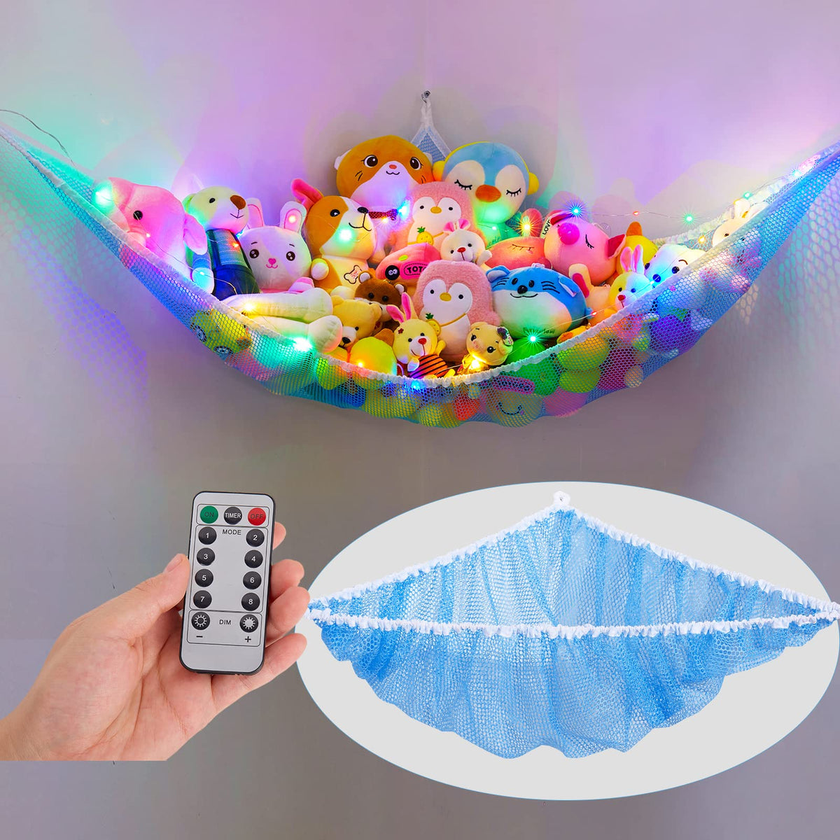 Unicorn Castle stuffed animal net hammock with LED light organized playroom storage.