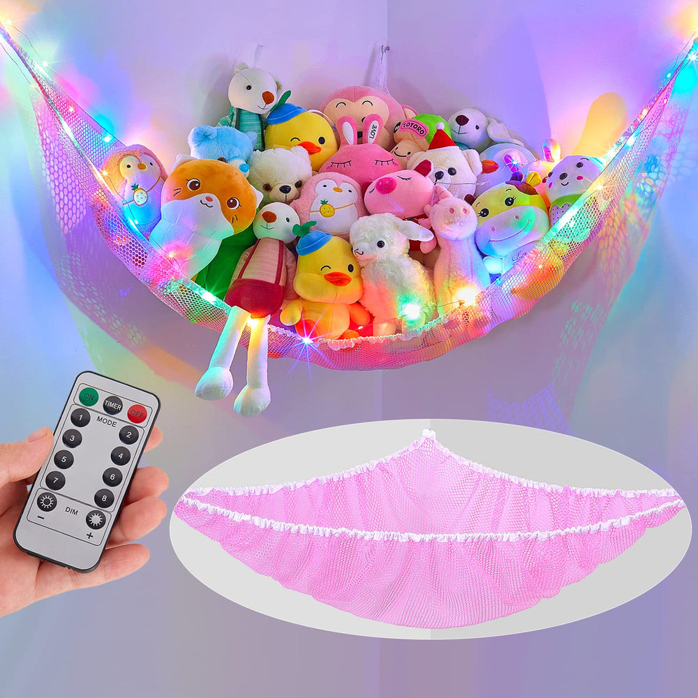 Unicorn Castle stuffed animal net hammock with LED strip adds playful storage and ambient light.